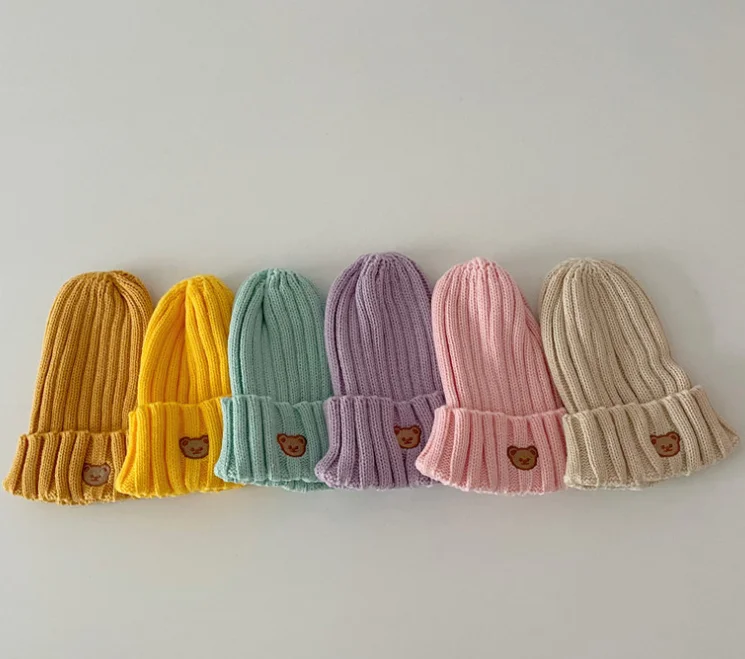 Wholesale Autumn Winter Bear Embroidery Baby Kids Knitted Beanie