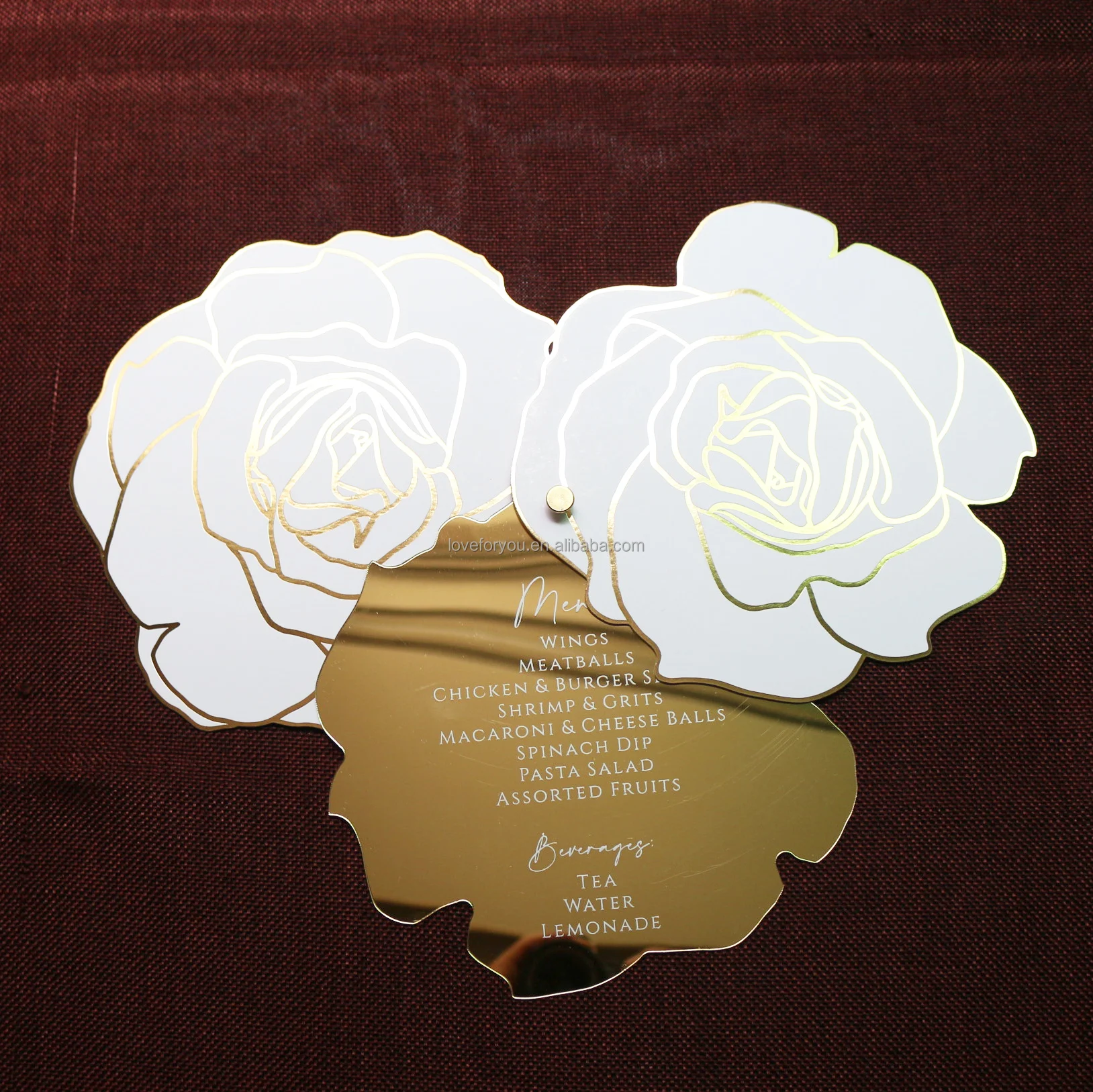 Золотое Зеркало акриловое свадебное меню с белой формулировкой Золотая фольга Цветочная форма карты