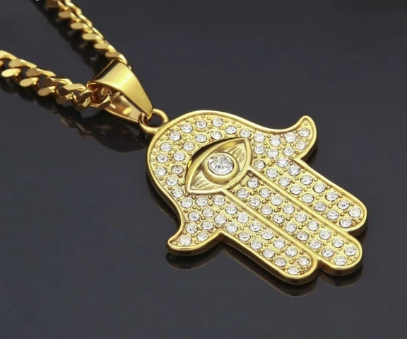 Silver Plated HamsaHandPenda Necklace for Men Long Stainless Steel Chain Link Pearl Hip Hop Style Jewelry Anniversaries Gifts