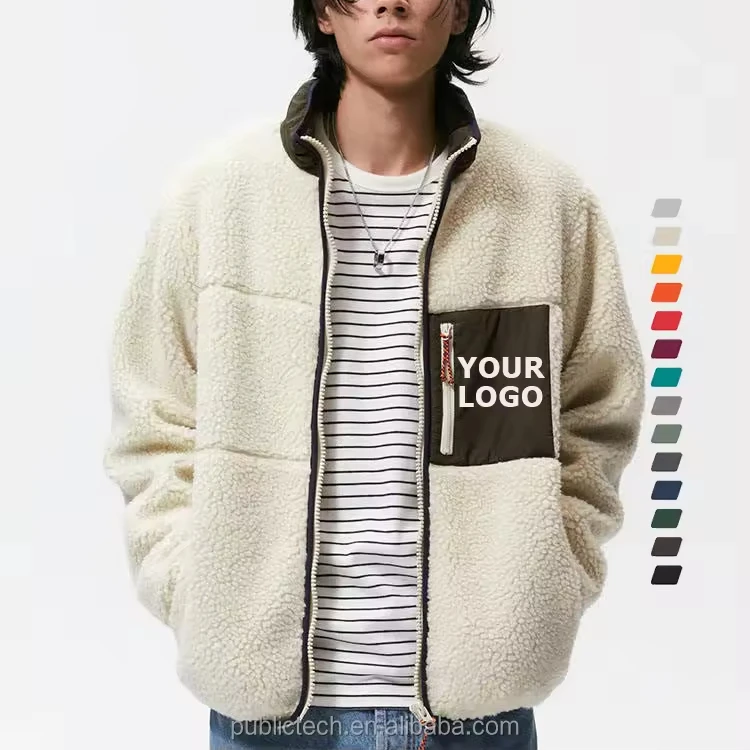Wholesale Winter Warm Shaggy Wool Lamb Jaket Custom Logo Mens Sherpa Zip Up Fleece Jacket For Men
