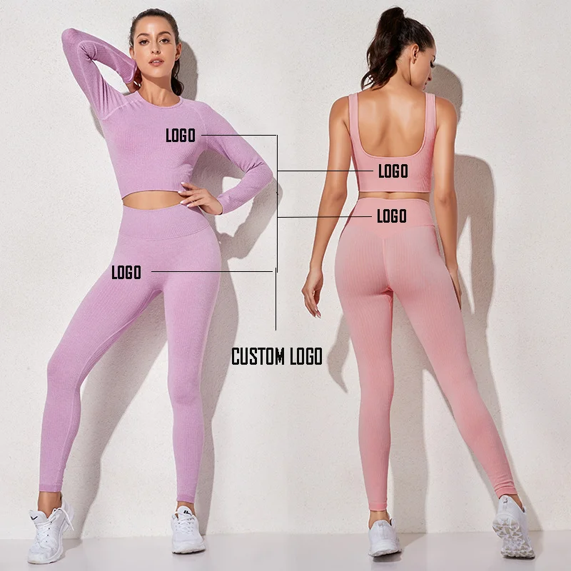  Custom Ladies Fitness Gym Wear Wholesale Sport Suit Women Workout Clothing Crop Top High Waist Seamless Leggings Yoga