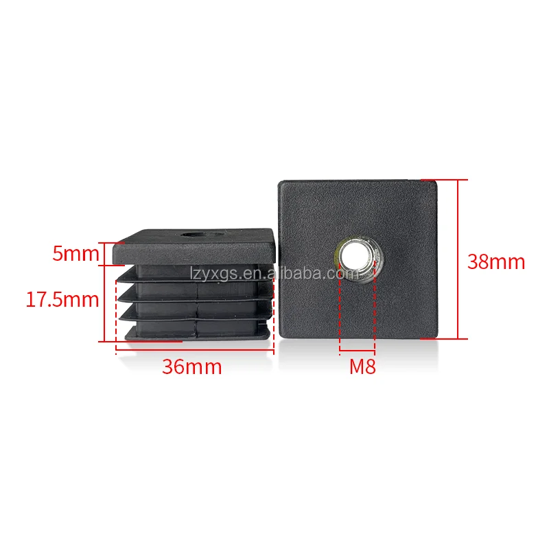 38*38mm square nut M8 with roller plug furniture plastic wheel sleeve base threaded pipe plug