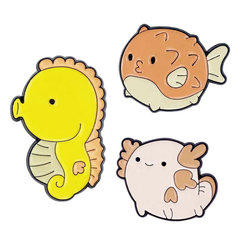 Factory OEM Custom Logo Metal Crafts Cute Cartoon Character Pin Badge Seahorse Ocean Fish Shaped Enamel Pins For Kids Friends