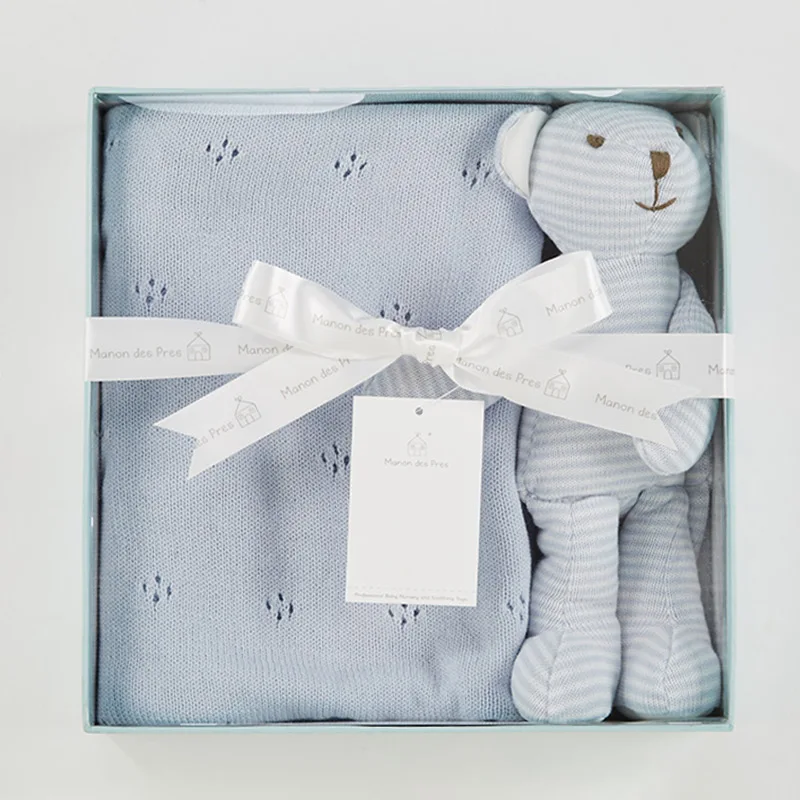 OEM  bear shaped plush toy and soft baby blanket for soft cute newborn baby gift set