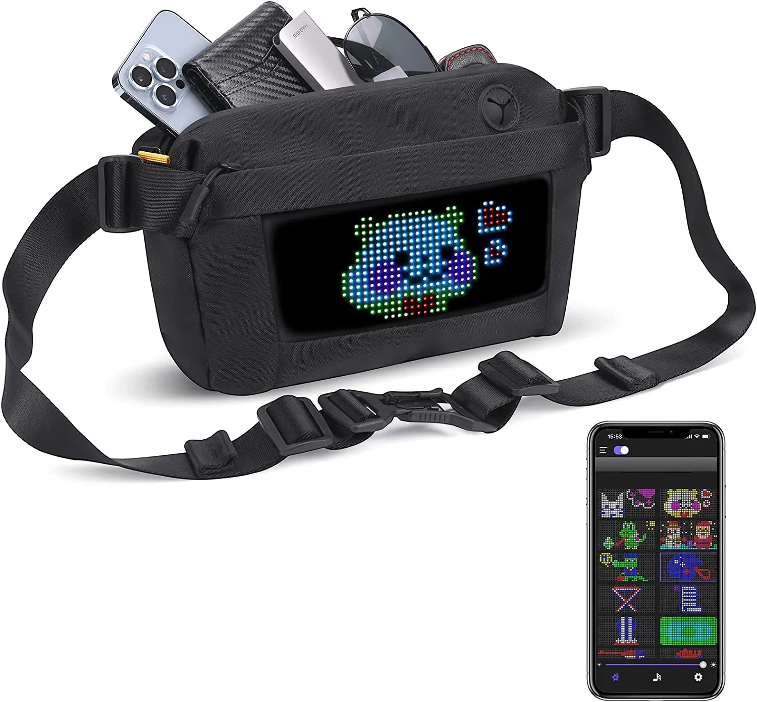 LED Display Shoulder Bag with Bluetooth Connection Headphone Jack Waist Crossbody Bag Waterproof Used for Men Fashion Bag PU