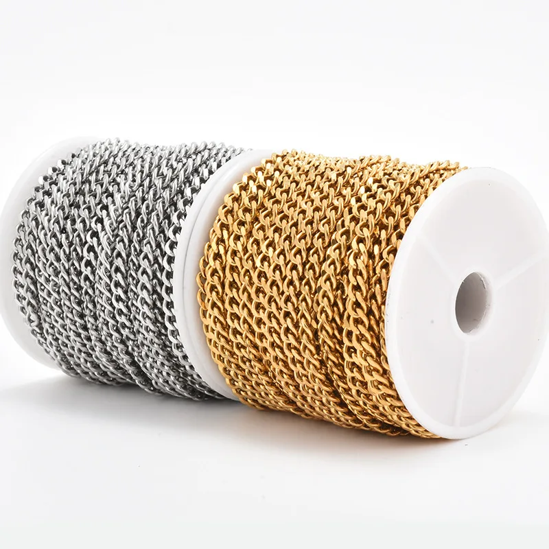 Dina Factory Stock Stainless Steel Cuban Chain 18K Gold Waterproof DIY Jewelry Making Accessories 2 Sides High Polishing Chain