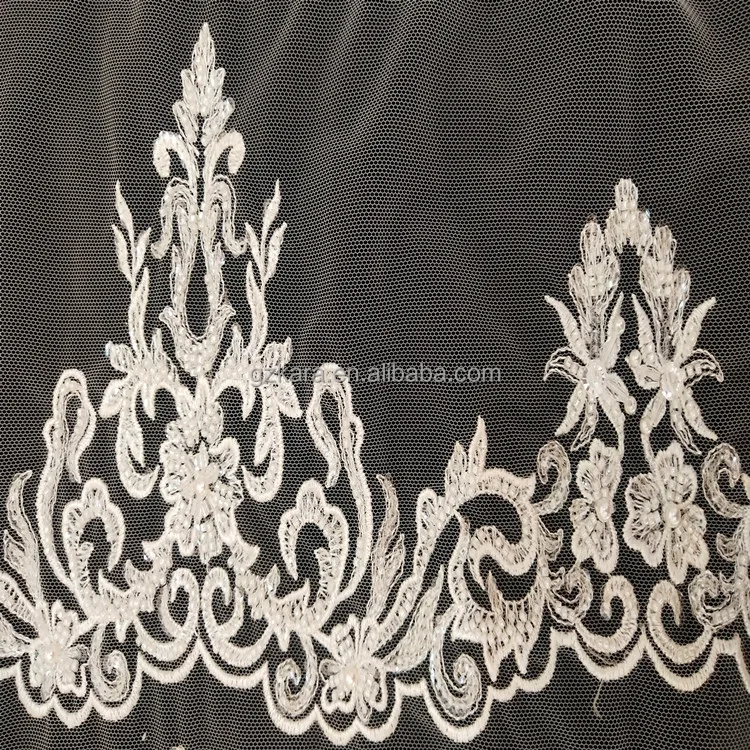 Narrow Border Ivory embroidered sequins and beaded lace trim / Bridal Wedding lace tulle trim factory