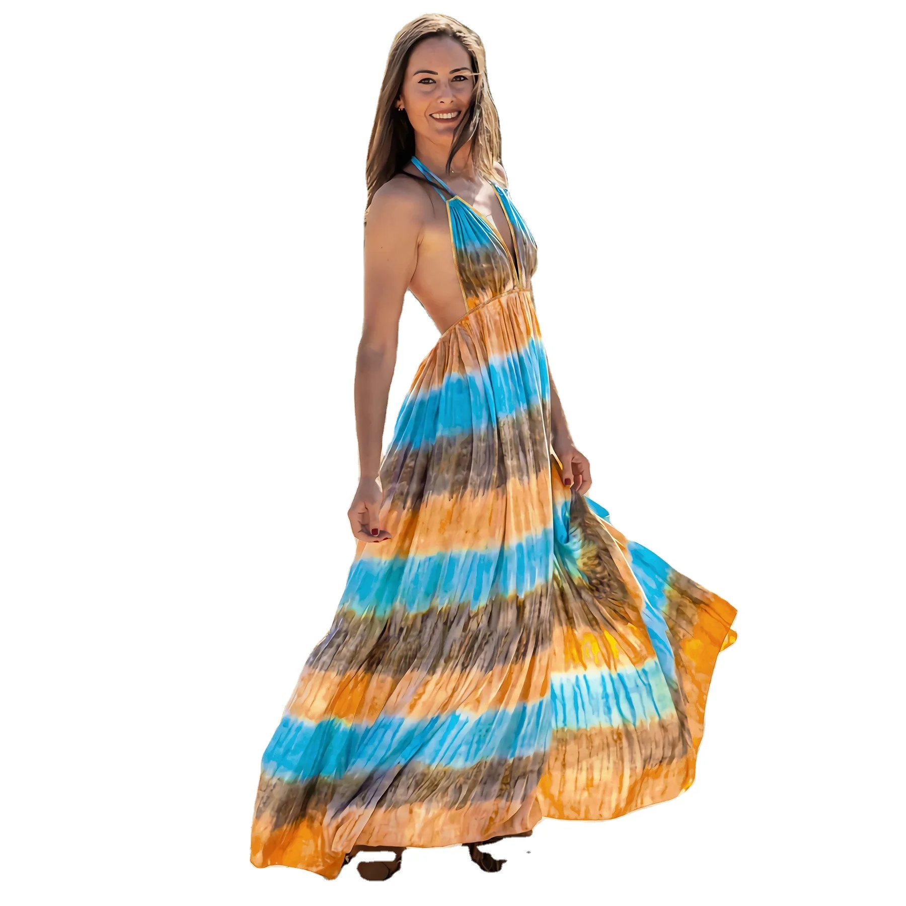 Backless Dress D943 Hippy Chic New Collection of 2024 Long Stylish Rayon Tie Dye Batik Romantic Summer Digital Printing ODM