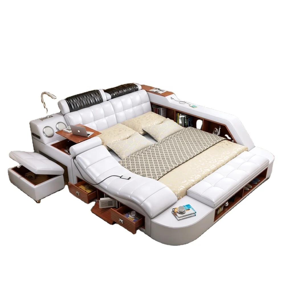 New arrival bed sofa solid wood frame electric bed white music squaring leather massage bed camas