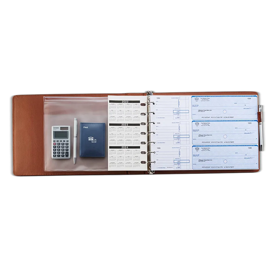 7 Ring Business Check Binder with Clear Vinyl Pouch PU Leather Cover Check Registers Binder for Personal Checkbook