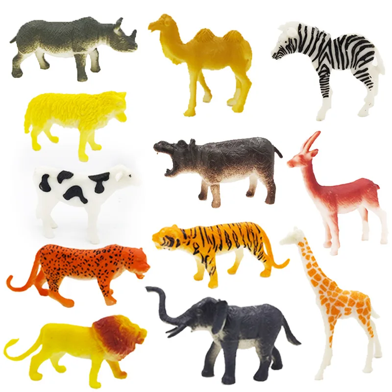 12PCS  Vinyl Solid Soft Rubber Simulation Animal Small Animal Model Toys Tiger and Lion 3-5 inch