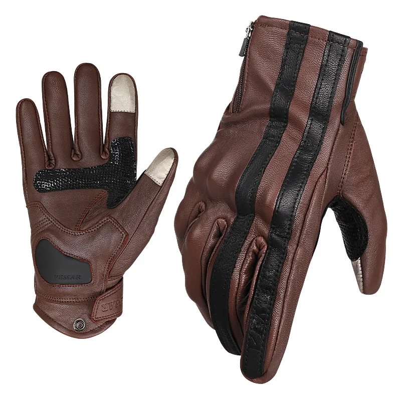 VEMAR Vintage Leather Motorcycle Gloves Men Breathable Touch Screen Moto Gloves For Motocross Motorbike Racing Riding