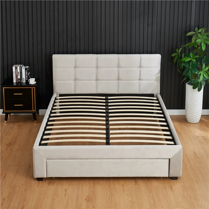 Light Grey Tufted Modern Master Bedroom Furniture Bed With Drawers Storage Bed Queen King Size Modern Soft Bed Frame