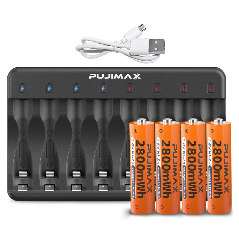PUJIMAX rechargeable 1.6v ni-zn battery charger aa aaa charger 8slot smart usb Ni-Zn battery 1.6v charger with 4pcs aa 2800mwh