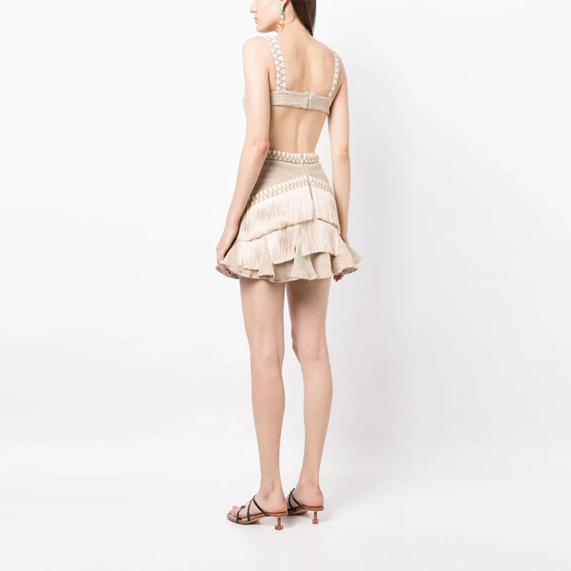 2024 Elegant Ladies Tailored Summer Fit V Neck Sleeveless Dress Casual Mini Dress Luxury Metal Cutout Tassel Dress