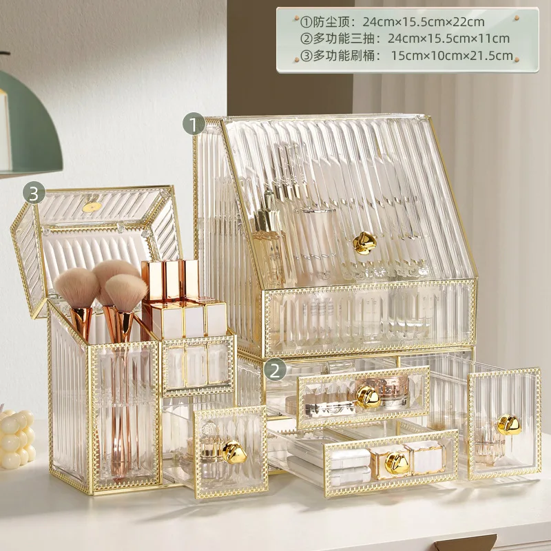 Luxury Transparent Acrylic Makeup Organizer Dust-proof Lipstick Holder Jewelry Make up Case Desktop Cosmetic Storage Box Set