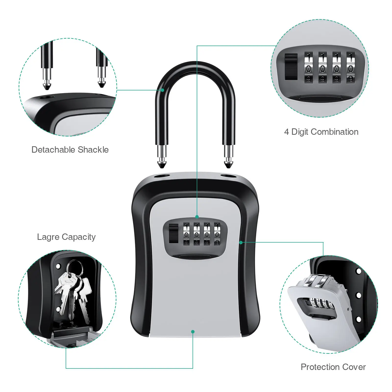 Key Lock Box Wall Mounted Key Safe Box Weatherproof 4 Digit Combination Storage Indoor Outdoor Key Storage Holder