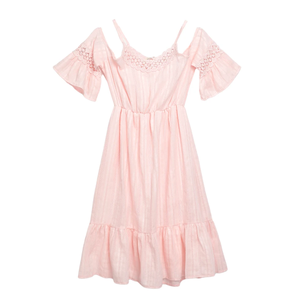 4 To 14 Years Kids & Teenager Girls Summer Off-shoulder White Pink Ruffle Beach Dress Children Princess Sleeveless Dresses