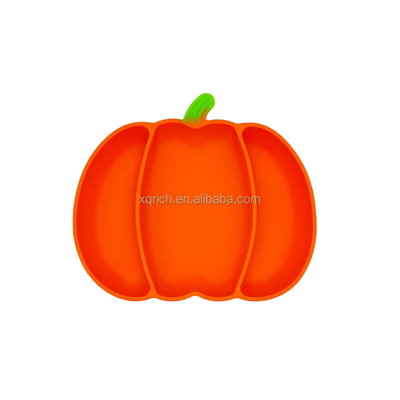 XQRICH Pumpkin Shape Silicone Baby Feeding Plate Silicone Divided Bowl Factory Stock Sell BPA Free Multiple Color Suction Plate