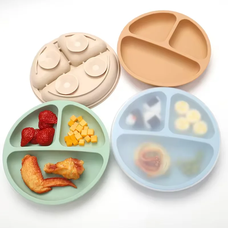 Wholesale BPA Free Silicone Baby Plates for Toddler Kid Non-toxic Silicone Suction Baby Plate with Lids