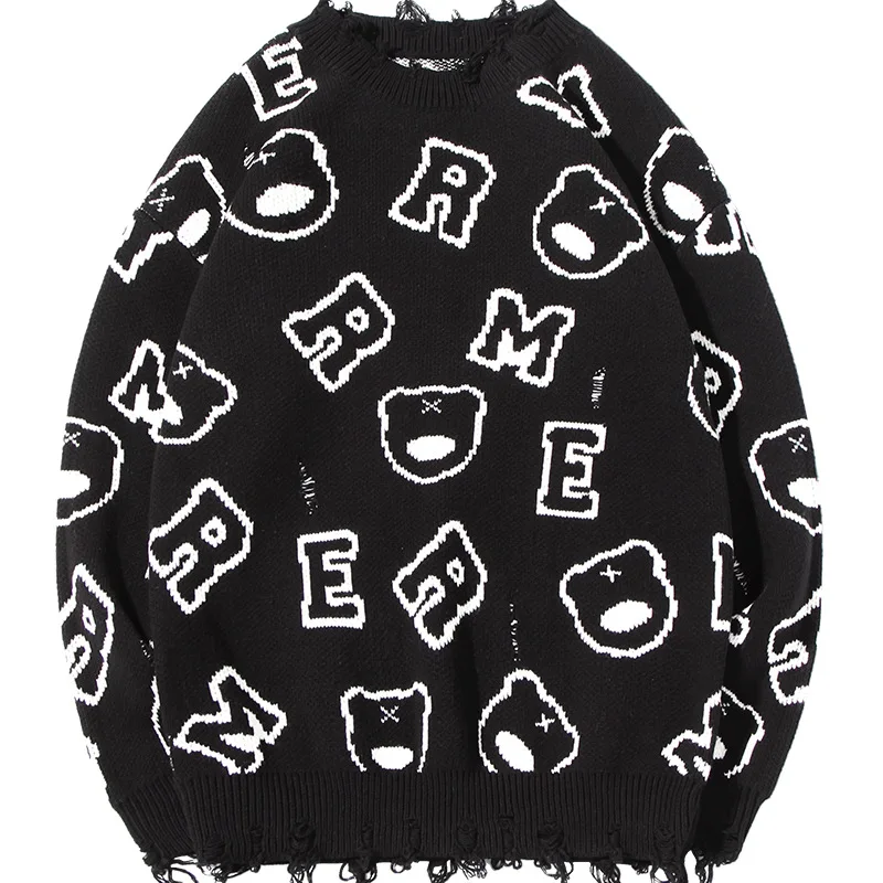 Nanteng Custom Logo Low MOQ Autumn Winter Warm Printed Jacquard Knitwear Crew Neck Raw Edges Men Pullover Sweater