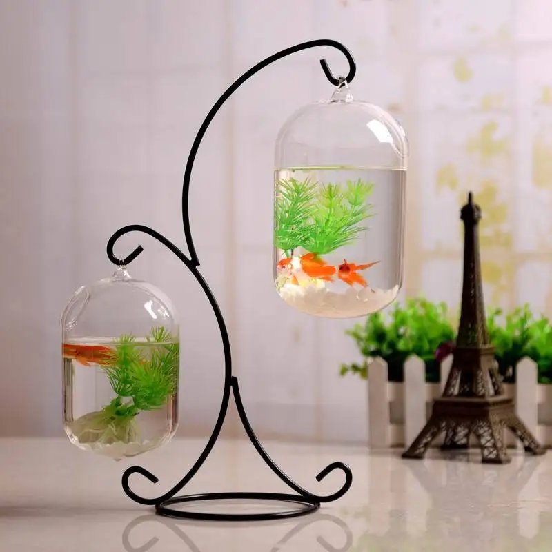 Long Gourd Glass Vase And Fish Bowl With Ring Hanging on Iron Stand Interesting Fish Jar for Mini Gold Fish