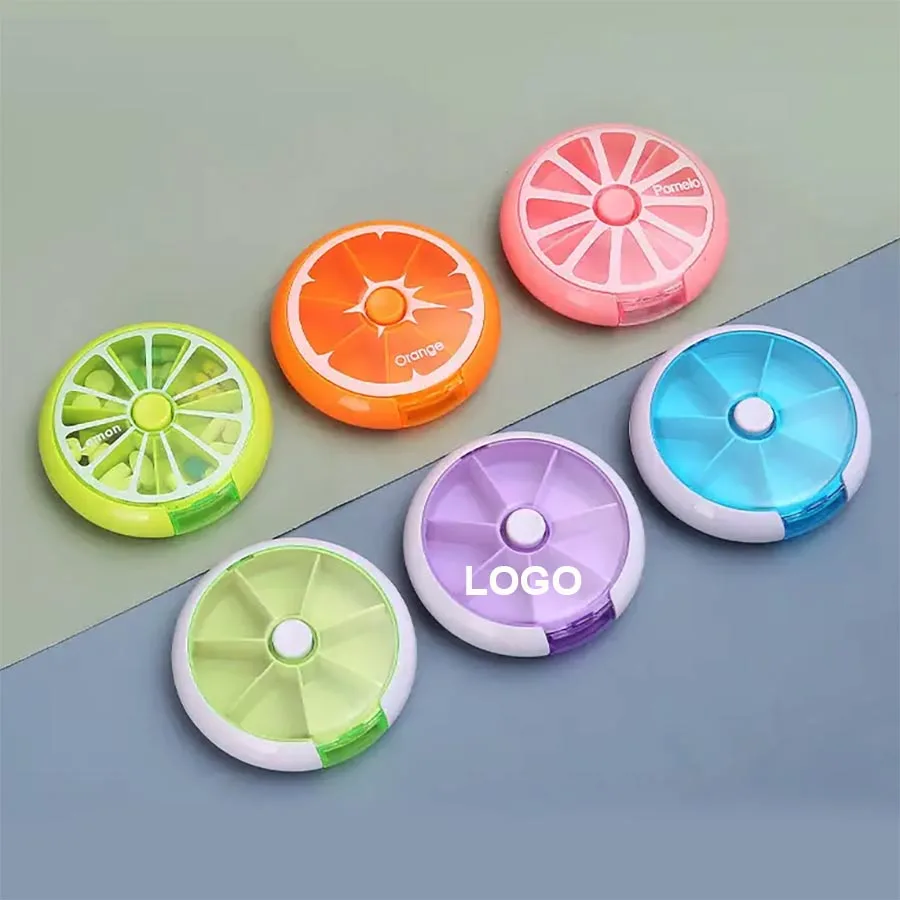 Custom Branded 7 Days Pill  Dispenser Travel Pocket Pill Box Round Rotatable Plastic Storage Container
