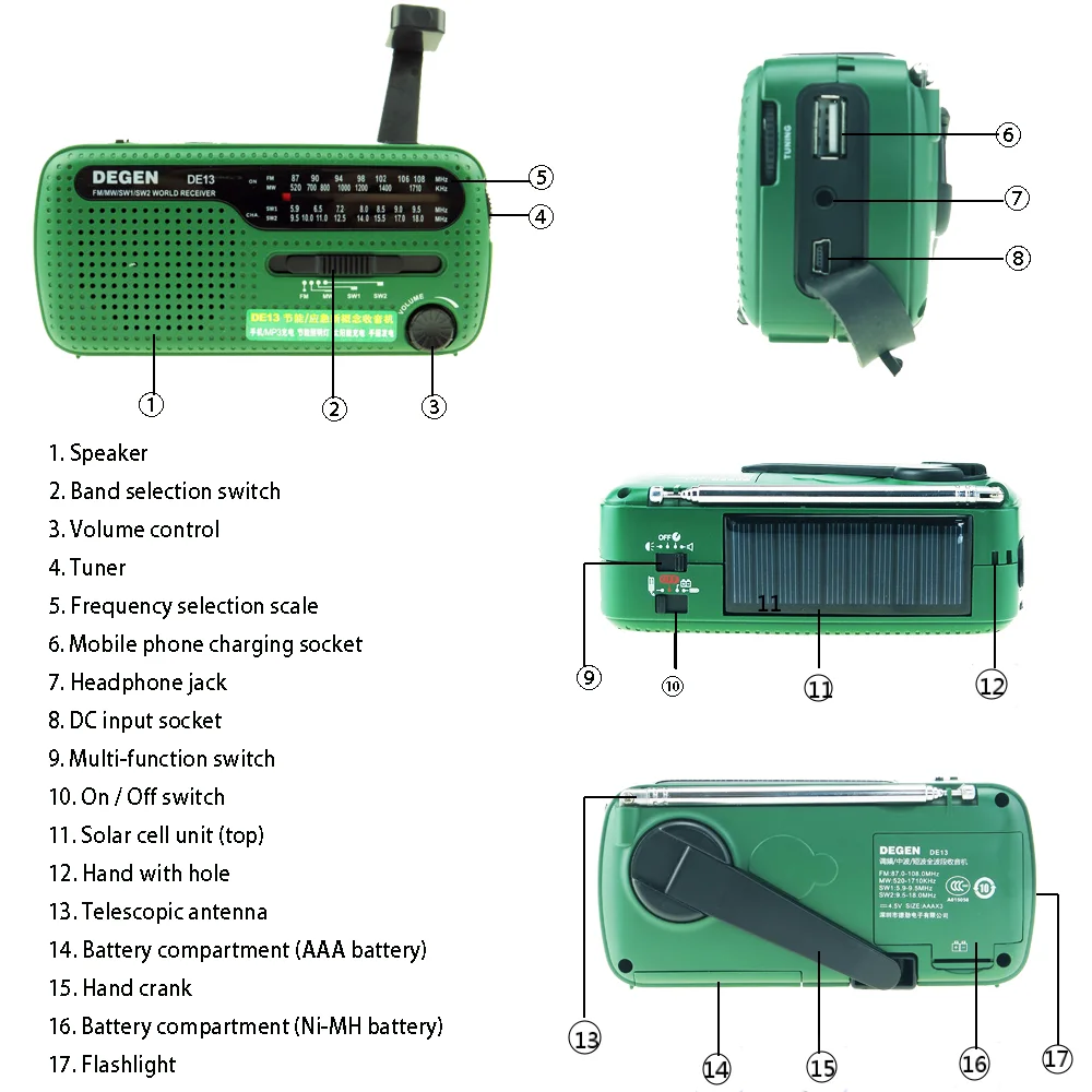 DEGEN DE13 FM AM SW Radio Crank Dynamo Solar Power Emergency Retro Radio A0798A World Receiver Portable Internet Radio