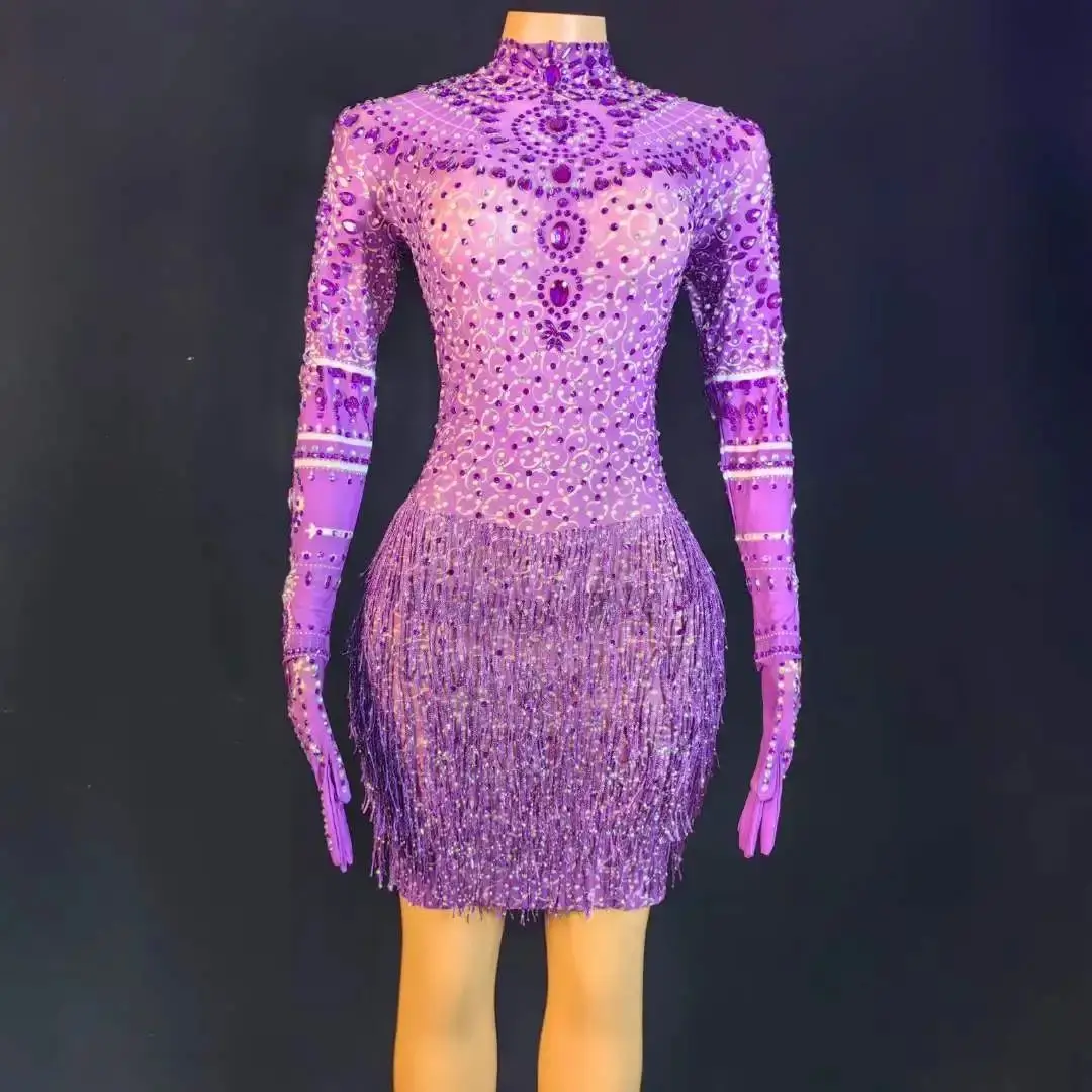 Sparkly Purple Birthday Party Queen Stage Wear Rhinestone Dress With Short Gloves For Women Sexy Stretch Drag Costume