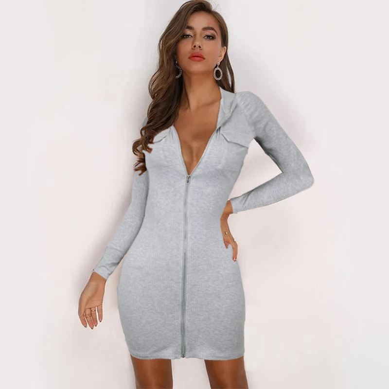 Autumn hooded waist-controlled slim fit slimming zipper casual skirt sheath cardigan elegant casual dresses