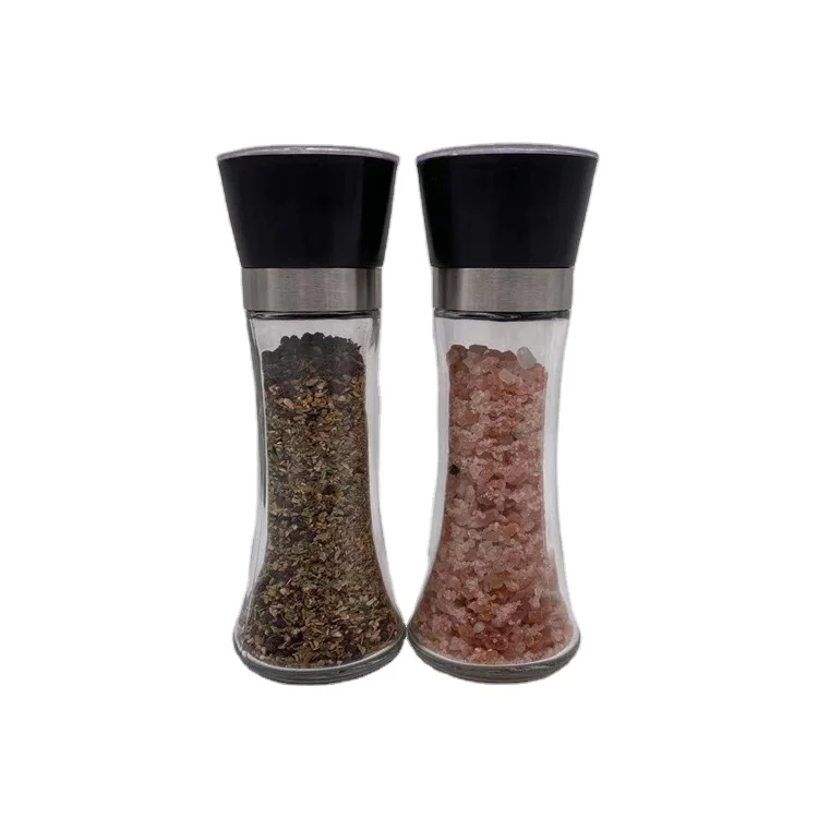 Salt and Pepper Mill Set Black Pepper Grinders with Adjustable Ceramic Core 150ml Glass Shaker Sea Salt Grinder Pink Salt Mills