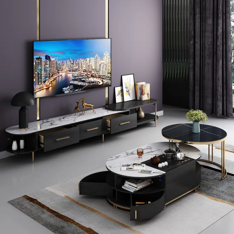 C03A new electric lifting rock board telescopic TV cabinet combination set, light luxury and simple style coffee table