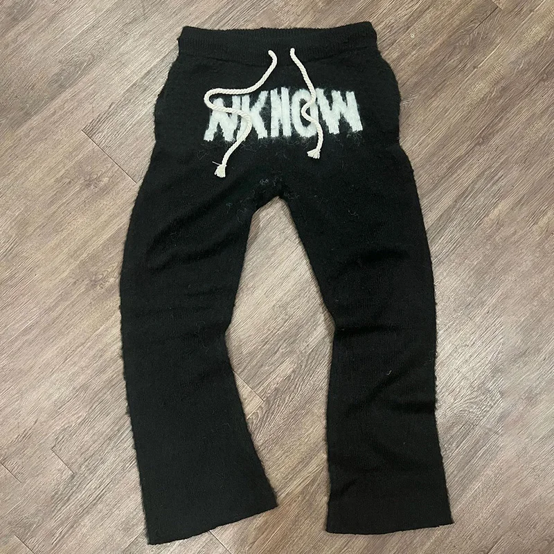 Custom Y2K Thermal Jogger Streetwear Stacked Knitted Casual Fuzzy Flare Mohair Pants Men