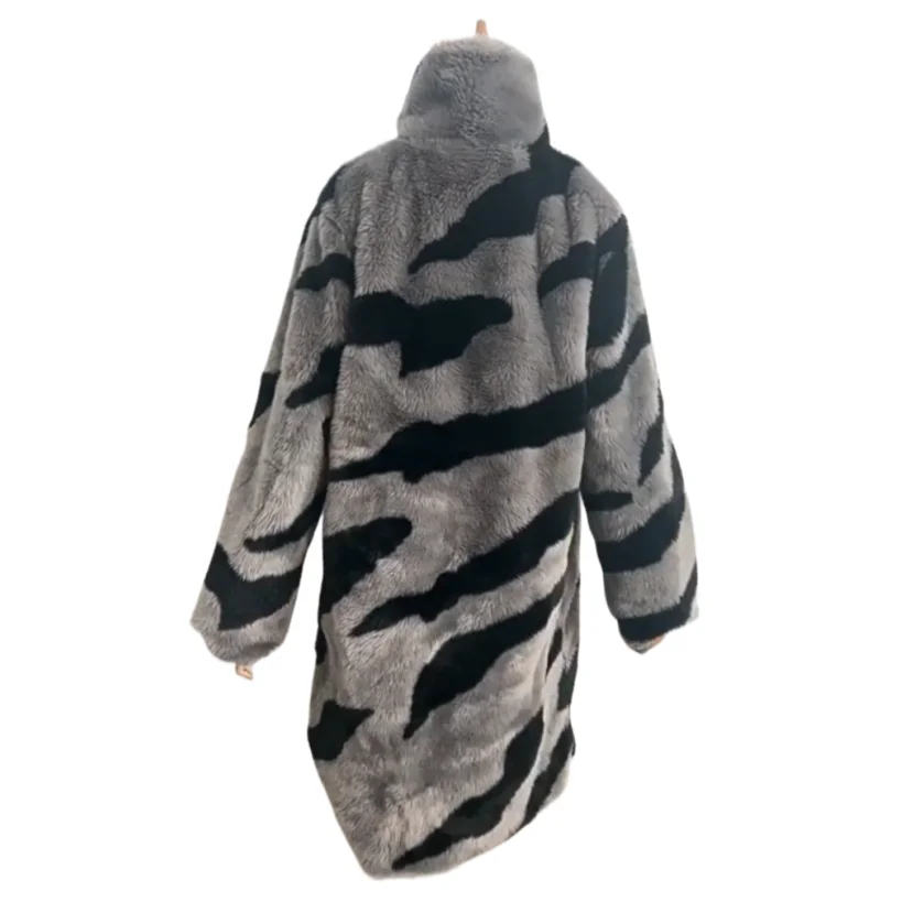 New Design Women Leopard Pattern Grey Stripe Faux Fur Coat