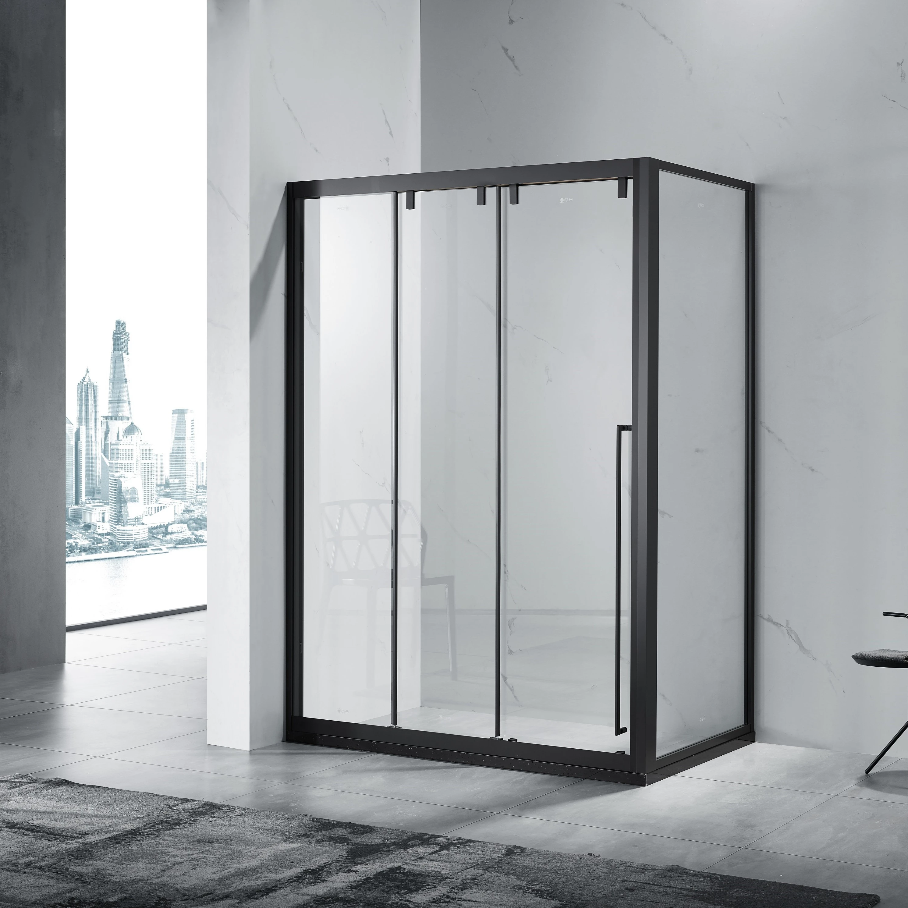 Modern design stainless steel black framed tempered glass sliding link bathroom shower room