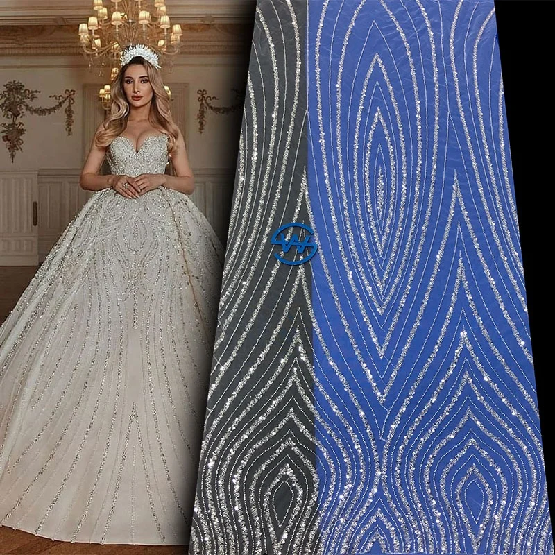 French Tulle Lace Beaded Fabric Grown Bridal Gown White Wedding Dress