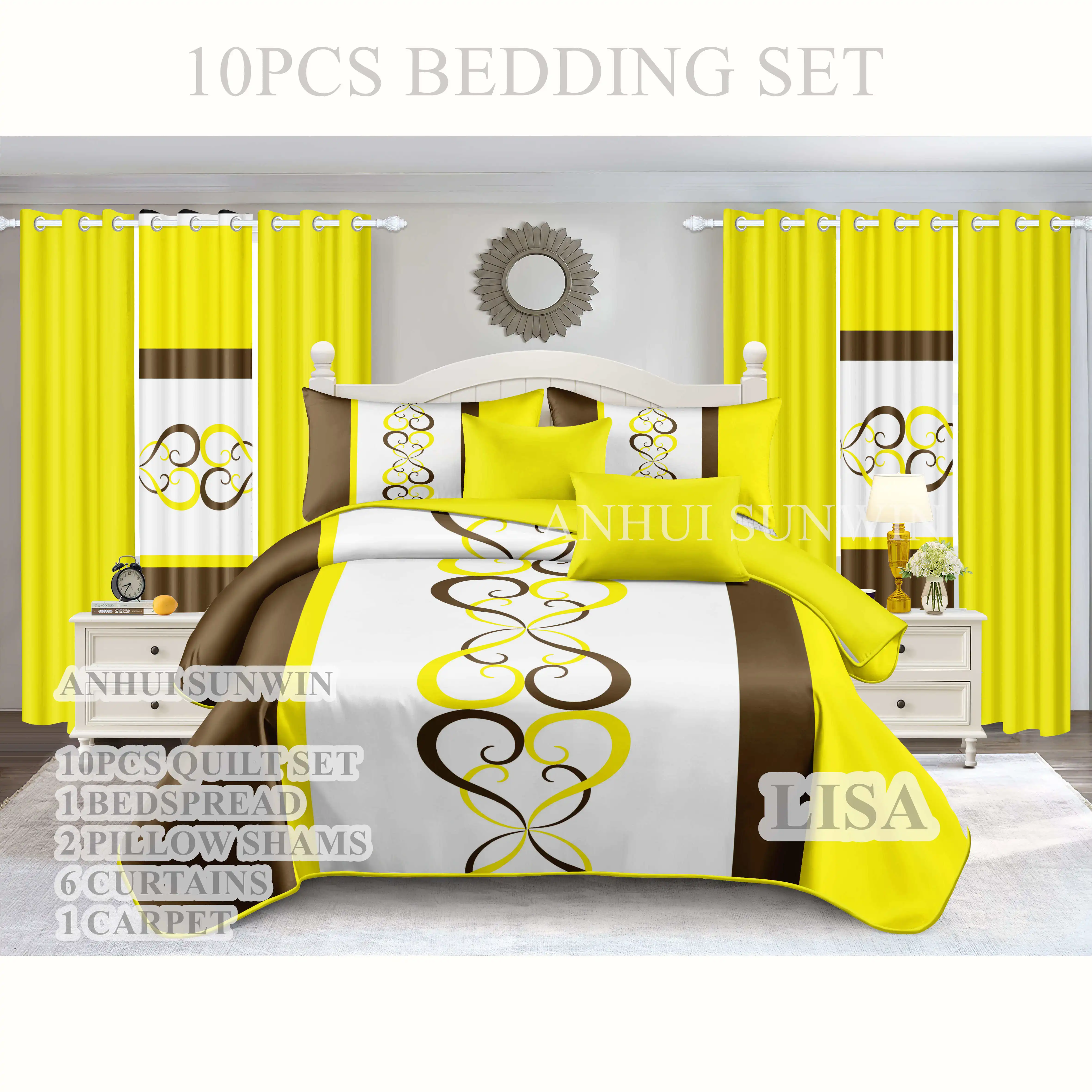 American Style King 6PCS Bedspread Set Polyester Wedding Red Flower Printed 10PCS Curtain Bedding Set