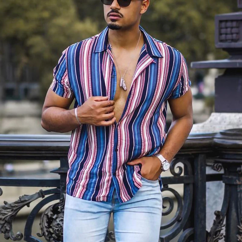 2023 New vertical stripes button up shirt mens 100 polyester t shirt wholesale breathable hawaii shirts for men casual