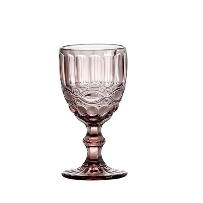 Original Color Amber Pink Purple Green Blue Gray Embossed Vintage Thick Wine Glasses Goblet 8oz Red Wine Glass Cups