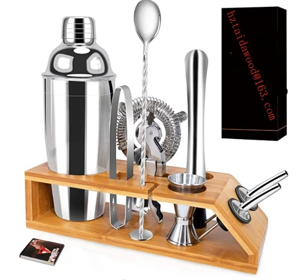 
Bamboo Base Stand for cocktail set tools for Stainless Steel Bartender Kit with Includes Martini Shaker Jigger,Strainer,Spoon 