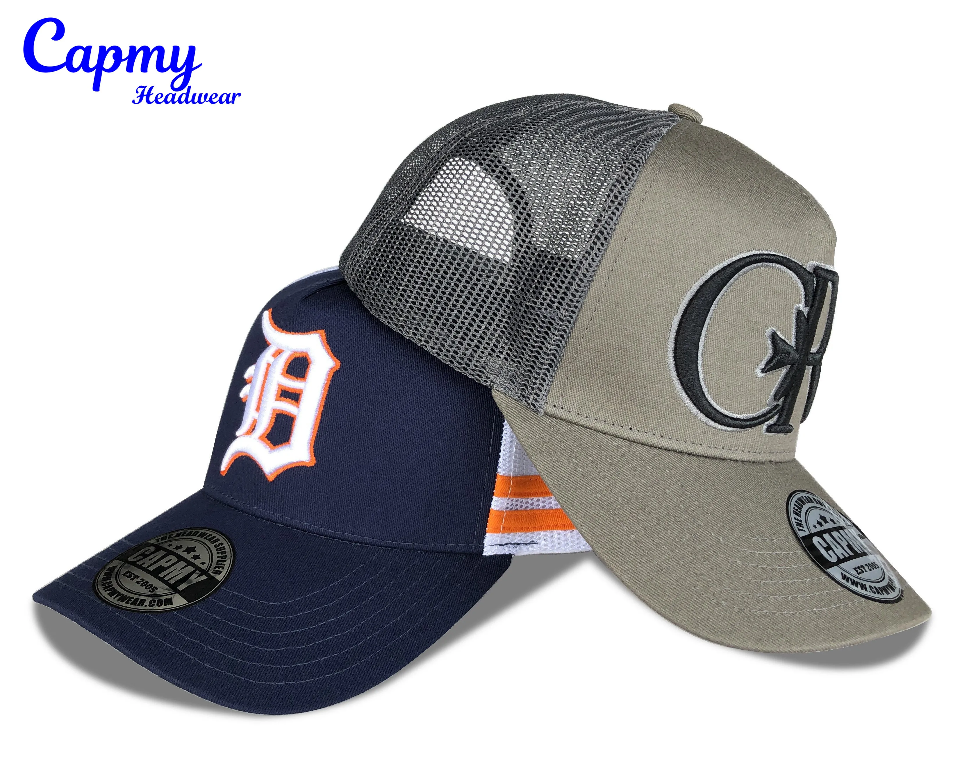 High Profile Mold Two-tone 100% Cotton Fabric 5 Panel Trucker Hat Customized 3d Embroidery Logo Mesh Suede Strip Trucker Cap