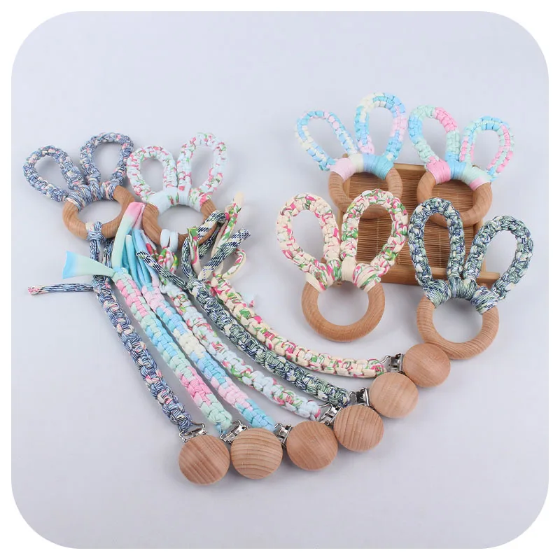 Handmade Macrame Braided Baby Pacifier Clip Wooden Dummy Chains Pacifier Holder For Boys and Girls