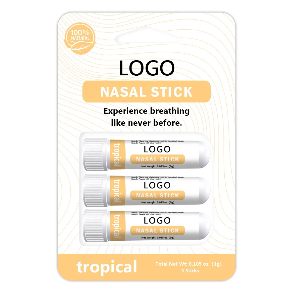Private Label Nasal Stick (3 Pack) Enhances Breathing Aromatherapy Inhaler Made with Essential Oils + Menthol (Tropical)