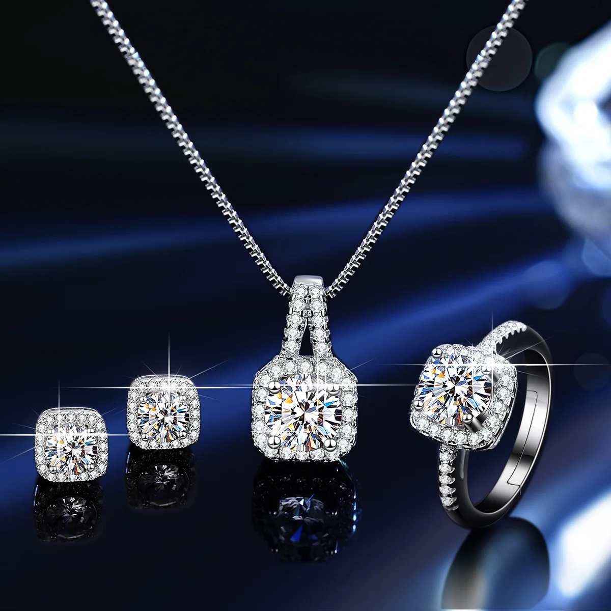 Hot Sale S925 Sterling Silver Moissanite Square Bag Three Piece Ring Stud Necklace Women Jewelry Set