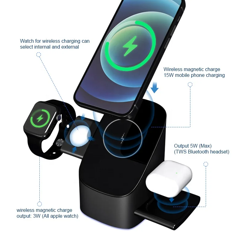 3 in 1 Wireless Charger 15W Fast Charging Stand Magnet cell phone Holder Multi-function Wireless Charger