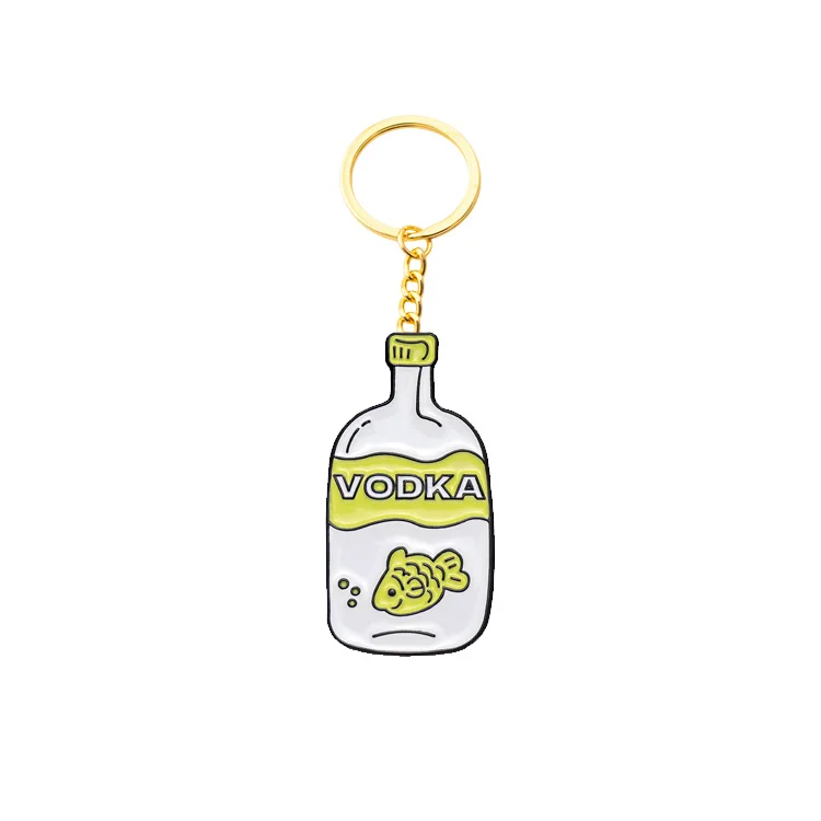 Wholesale Manufacture Wine Bottle Enamel Keychain Custom Logo Cartoon Soda Series Brooch Interesting English   Key chain Keyring