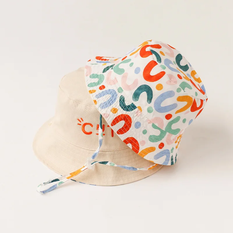 Customized reversible Adjustable kids printing Sun Hat UV Protection Summer  Bucket Hat with string Kids Wide Brim Hat