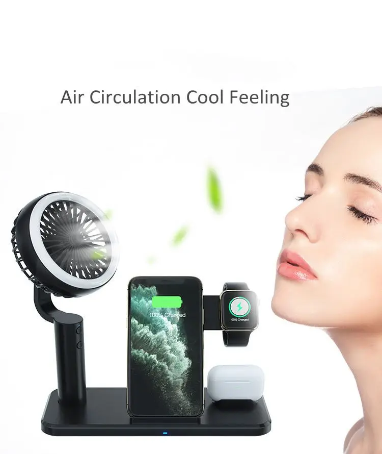2021 New Arrivals Portable Rechargeable Fan Charging Station for iwatch for airpods for phone for Samsung Wireless Charger