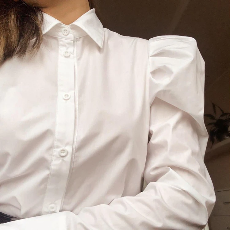 Ladies Work Wear White Puff Sleeve Blouse Women Shirts Office Turn Down Collar Female Elegant Tops Blouses
