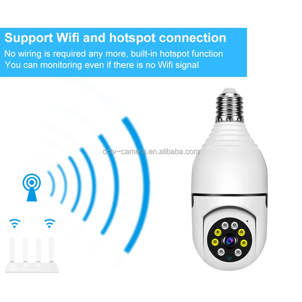 Two-Way Audio AI Human Detection Message Alarm Push 360 Degree Free Rotation Security Bulb Wifi IP Camera V380 Pro Mobile App